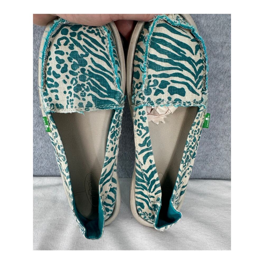 SANUK Woman's sz 7 Canvas Slip On Beach Summer Shoes Animal Print Surfer Teal - Picture 5 of 7